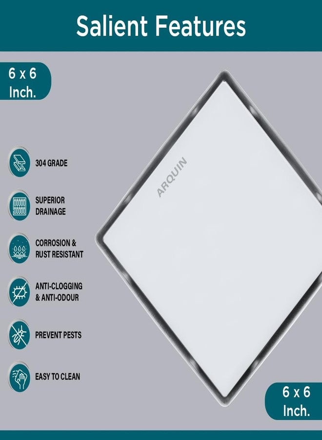 ARQUIN ARQUIN Tile Insert Floor Drain 6x6 Inch 304 Grade Stainless Steel Invisible Bathroom Drain Jali Floor Drainer with Anti-Cockroach Trap | Square Drainer for Bathrooms 1 mm Thickness - Image 2